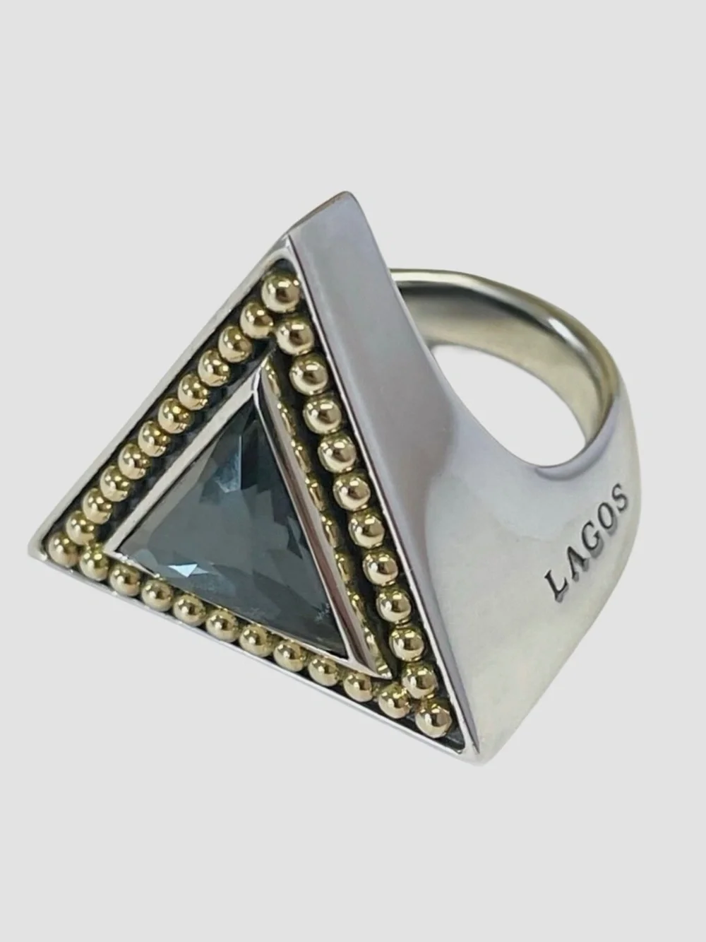 LAGOS 18K Gold & Sterling Silver Treasure Chest Hematite Doublet Triangle Ring 7
